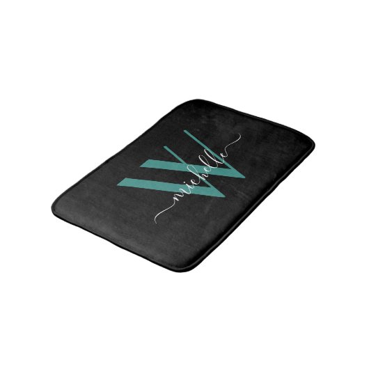 Tapis De Bain Élégant Monogramme Turquoise Nom initial Script Gi (Angle)