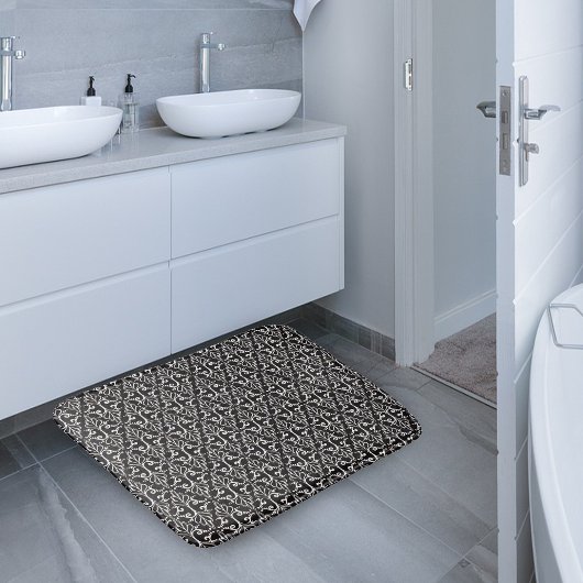 Tapis De Bain Élégant Noir Blanc Damas Scrolls