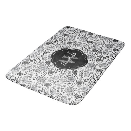 Tapis De Bain Élégant noir blanc Floral Monogramme (Angle)