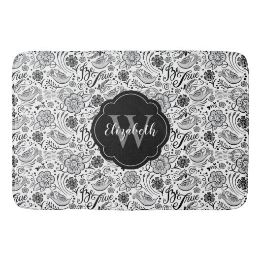 Tapis De Bain Élégant noir blanc Floral Monogramme (Devant)