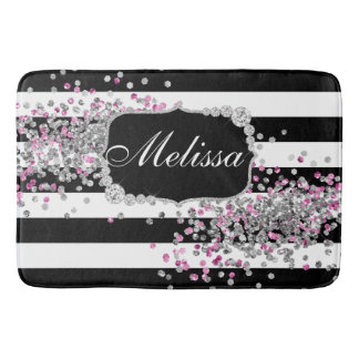 Tapis De Bain Élégant noir blanc rayures diamant rose mat de bai