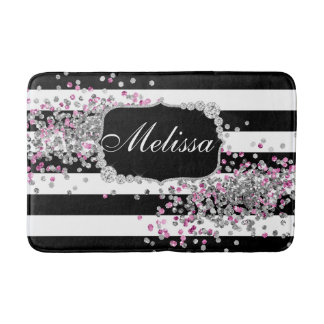 Tapis De Bain Élégant noir blanc rayures diamant rose mat de bai