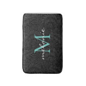 Tapis De Bain Élégant noir floral Turquoise Script Monogramme (Devant (Vertical))