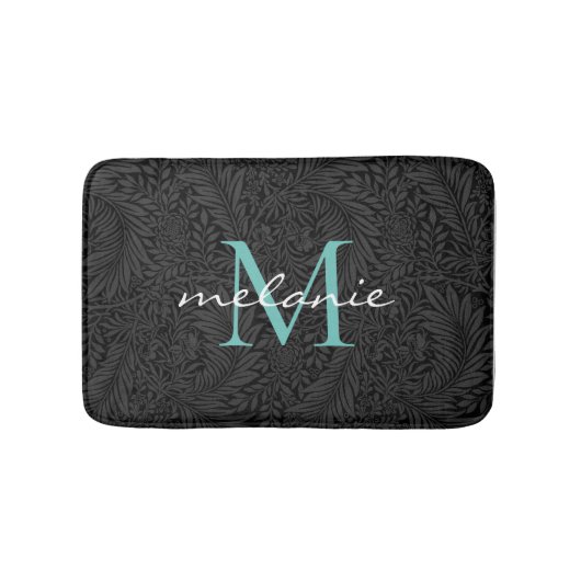 Tapis De Bain Élégant noir floral Turquoise Script Monogramme (Devant)