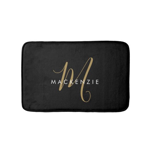 Tapis De Bain Élégant Noir Moderne Script Monogramme (Devant)