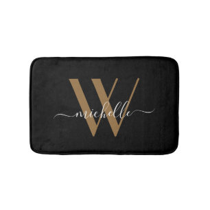Tapis De Bain Élégant Noir Monogramme Nom du script Initial