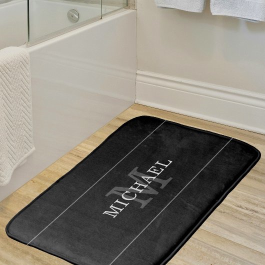 Tapis De Bain Élégant Noir Monogramme Nom Personnalisé