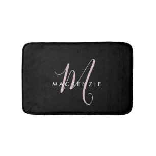 Tapis De Bain Élégant Noir Noir Blush Pink Script Monogramme