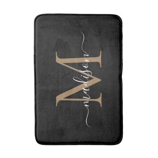 Tapis De Bain Élégant Noir Or Blanc Monogramme Girly Script (Devant (Vertical))