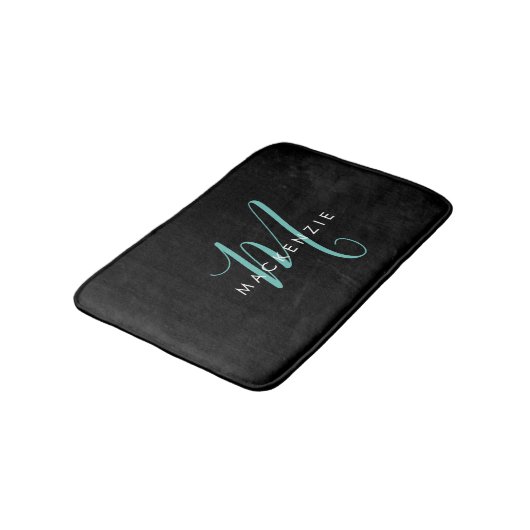 Tapis De Bain Élégant Noir Turquoise Script Monogramme moderne (Angle)
