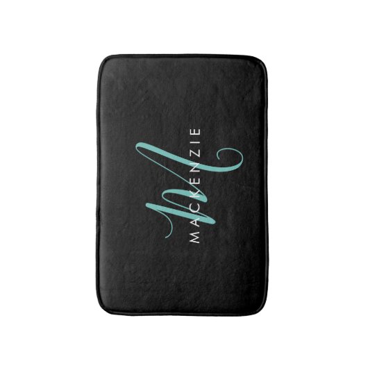 Tapis De Bain Élégant Noir Turquoise Script Monogramme moderne (Devant (Vertical))