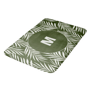 Tapis De Bain Élégant Palm Feuilles vert foncé Monogramme