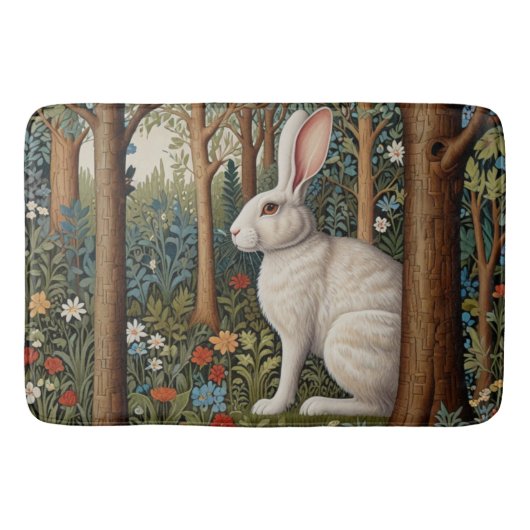 Tapis De Bain Elégant retro boho blanc lapin boisé fleurs (Devant)