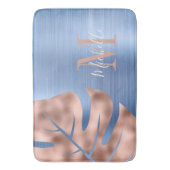 Tapis De Bain Élégant Rose Bleu doré Palm Feuille Monogramme (devant Vertical)