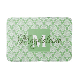 Tapis De Bain Elégant Sage Green Dentelle en damas Monogramme &