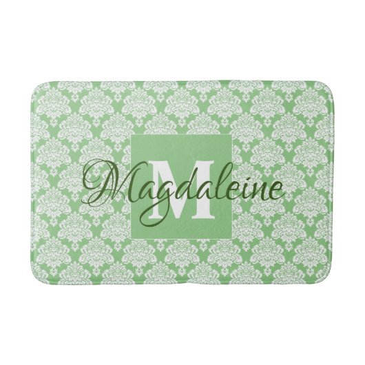 Tapis De Bain Elégant Sage Green Dentelle en damas Monogramme & (Devant)