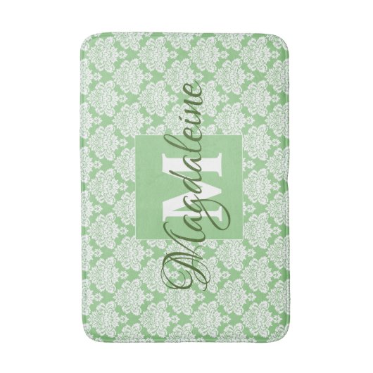 Tapis De Bain Elégant Sage Green Dentelle en damas Monogramme & (Devant (Vertical))
