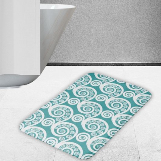 Tapis De Bain Élégant turquoise et blanc boucles de feuilles de 