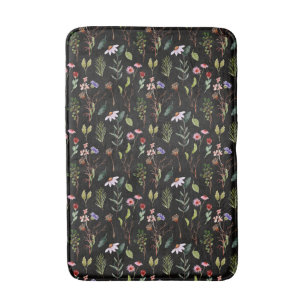 Tapis De Bain Élégante aquarelle de fleurs sauvages noires blanc