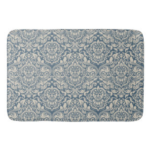 Tapis De Bain Elégante Brocade baroque bleu Damas sur blanc