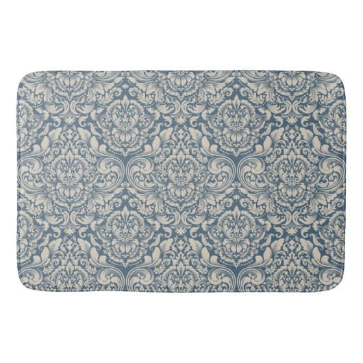 Tapis De Bain Elégante Brocade baroque bleu Damas sur blanc (Devant)