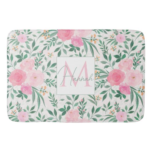 Tapis De Bain Elégante Fleurs Roses Blanches Aquarelle Florale (Devant)