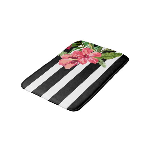 Tapis De Bain Elégante Grille Noire Et Blanche Avec Fleurs (Angle)
