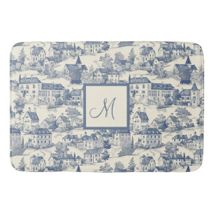 Tapis De Bain Elégante scène du village de Toile Bleue de Jouy
