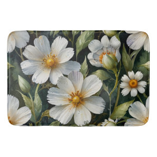 Tapis De Bain Élégantes Fleurs Blanches Adorables Aquarelle Chic