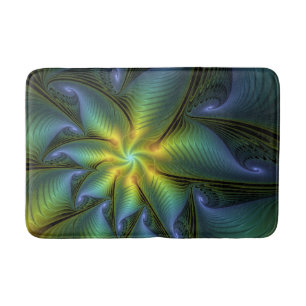 Tapis De Bain Étoile abstraite, art fractal doré bleu vert brill