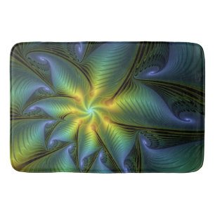 Tapis De Bain Etoile Abstraite, Bleu brillant Vert Or Fractal Ar
