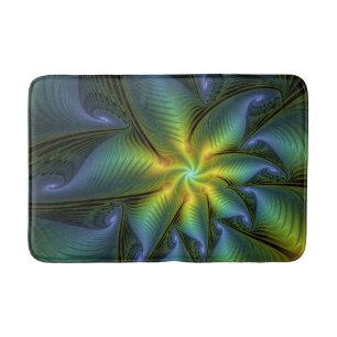 Tapis De Bain Etoile Abstraite, Bleu brillant Vert Or Fractal Ar