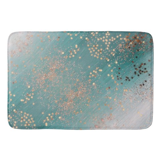 Tapis De Bain Étoiles d'or chatoyantes sur Turquoise  (Devant)