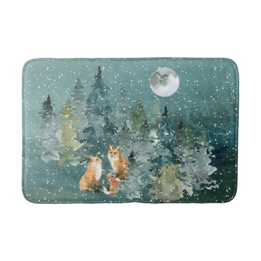 Tapis De Bain Famille Fox en forêt Pleine lune neige (Devant)