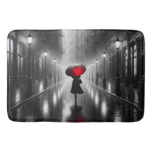 Tapis De Bain Femme Dans La Pluie Avec Parapluie Rouge