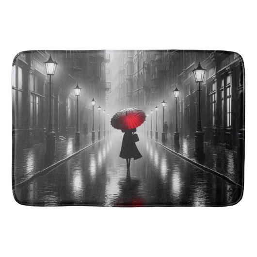 Tapis De Bain Femme Dans La Pluie Avec Parapluie Rouge (Devant)