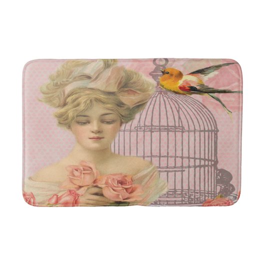 Tapis De Bain Femme Victorienne Belle Roses Roses Oiseau (Devant)