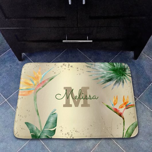Tapis De Bain Feuillage Floral Tropical Monogramme Écriture Feui