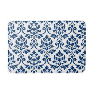 Tapis De Bain Feuille Damask Pattern bleu foncé sur blanc