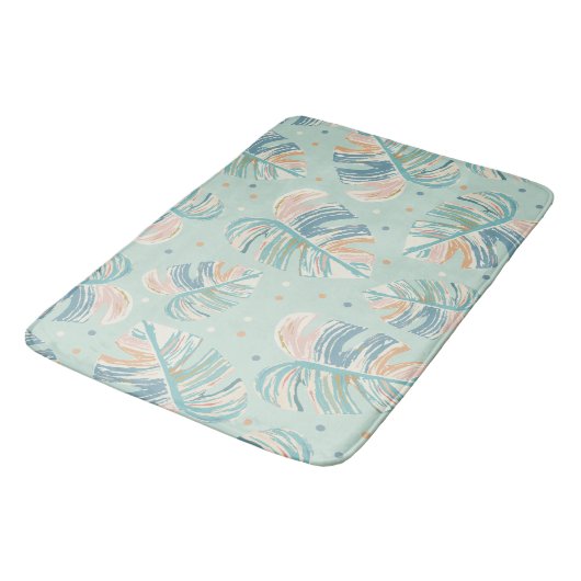 Tapis De Bain Feuille Monstera - Turquoise, Vert, Corail, Moutar (Angle)