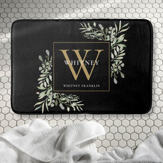 Tapis De Bain Feuilles de verdure de monogramme d'or noir modern