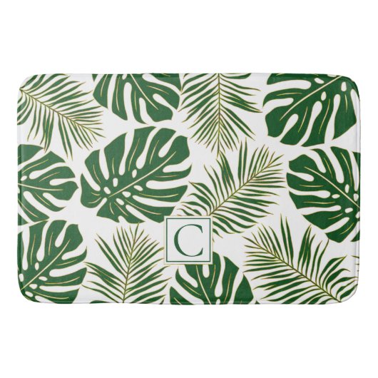 Tapis De Bain Feuilles tropicaux et monogrammes verts et or (Devant)