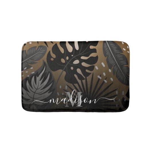 Tapis De Bain Feuilles tropicaux noirs et dorés (Devant)