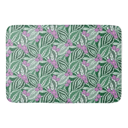 Tapis De Bain Feuilles verts tropicaux avec fleurs violettes (Devant)