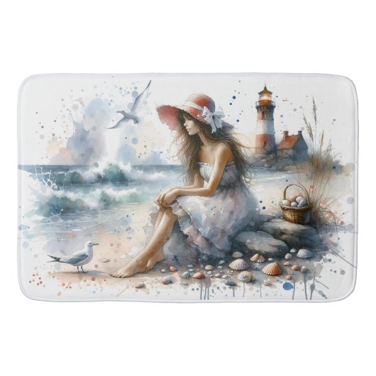 Tapis De Bain Fille d'aquarelle romantique par phare (Devant)