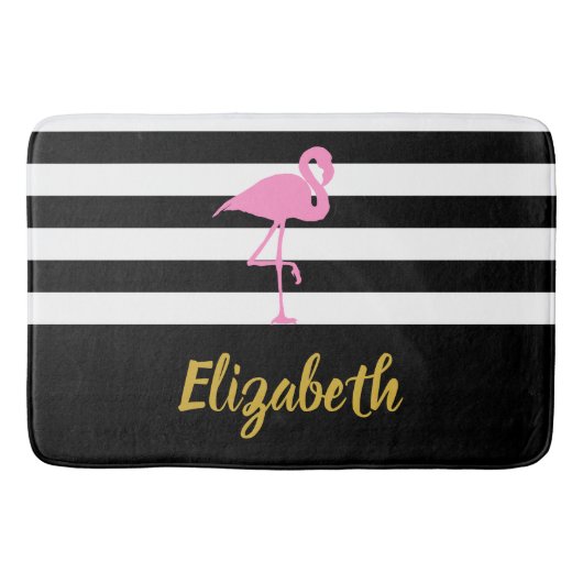 Tapis De Bain Flamant rose de nom personnalisé sur bandes noires (Devant)