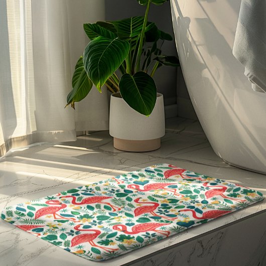 Tapis De Bain Flamants roses et motif de fleurs tropicales