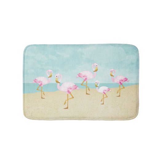 Tapis De Bain Flamants roses roses d'aquarelle sur la plage (Devant)
