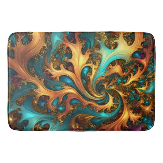 Tapis De Bain Flammes Abstraites or Turquoise orange, (Devant)