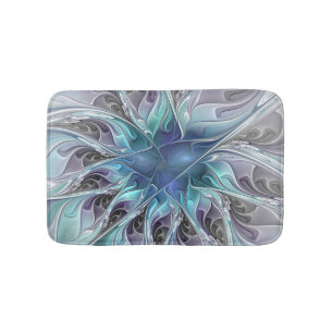 Tapis De Bain Fleur Abstraite Fractale Moderne Avec Bleu